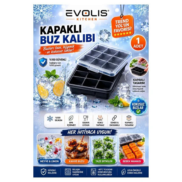 Evolis Kitchen 1 Adet 6 Bölmeli Büyük Boy Kapaklı Silikon Buz Kalıbı Silikon Kare Buzluk Kokteyl Sunum Buz Kalıbı Et Suyu Saklama Kalıbı - Kırmızı - Görsel 5
