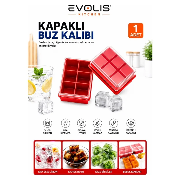 Evolis Kitchen 1 Adet 6 Bölmeli Büyük Boy Kapaklı Silikon Buz Kalıbı Silikon Kare Buzluk Kokteyl Sunum Buz Kalıbı Et Suyu Saklama Kalıbı - Kırmızı - Görsel 4