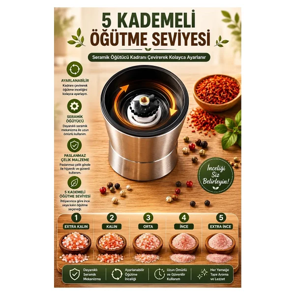 Anadolu Hasat Metal Başlıklı Seramik Çankırı Tuz Değirmen Öğütücü 200gr - Görsel 4