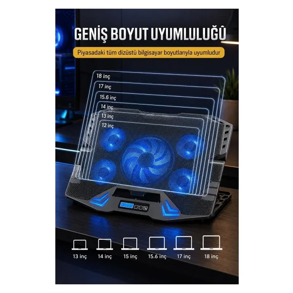 Torima Laptop Soğutucu Ayarlanabilir RGB Dizüstü Bilgisayar Soğutma Fanı Cf05 Siyah - Görsel 5