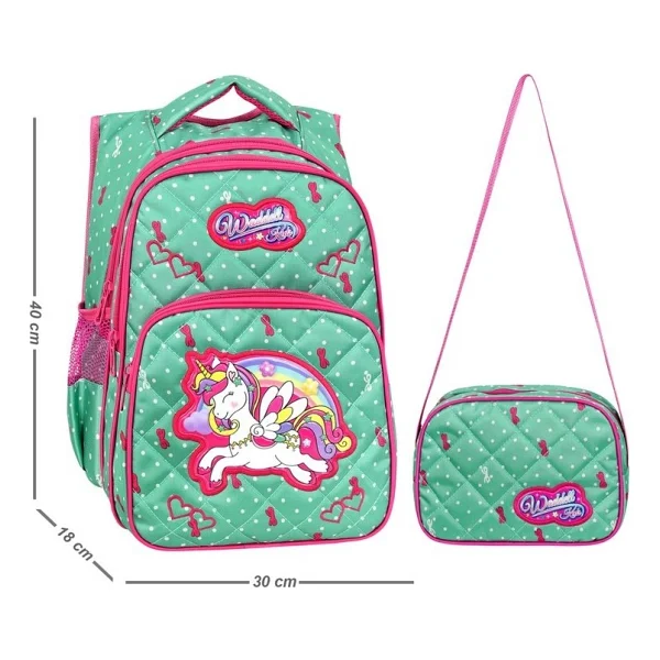 Waddell 24003 Unicorn Desenli Mint Yeşili Beslenme + İlkokul Sırt Çantası - Görsel 2