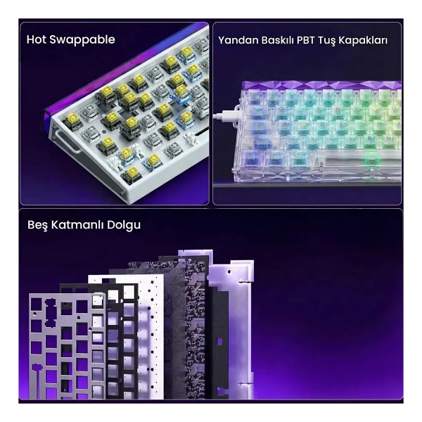 Aula Hero 68 He Manyetik Klavye Rapid Trigger Silver Switch 8000hz RGB Neon Tkl Hot Swap Oyuncu Klavyesi Şeffaf - Görsel 8