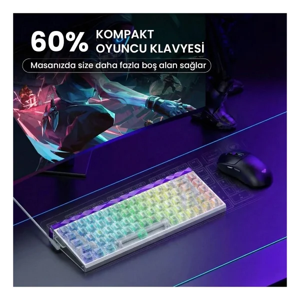 Aula Hero 68 He Manyetik Klavye Rapid Trigger Silver Switch 8000hz RGB Neon Tkl Hot Swap Oyuncu Klavyesi Şeffaf - Görsel 9