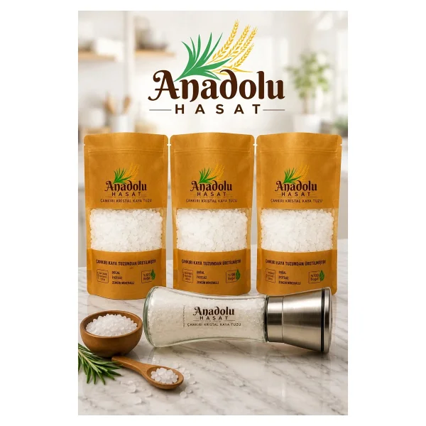 Anadolu Hasat 3 Adet-Çankırı Kristal Sofrada Öğütme Kaya Tuzu 1kg- Seramik Bıçaklı Baharat Ve Tuz Değirmeni Öğütücü - 3 Kg - Görsel 3