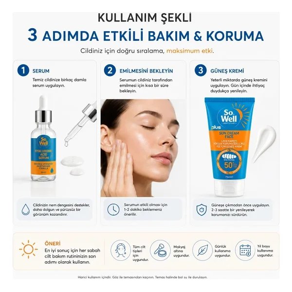So Well Plus Yüksek Koruma Özellikli Yüz İçin Güneş Kremi Spf 50+ & Hyaluronik Acid Serum Hediye Seti 75 Ml Krem + Serum - Görsel 3