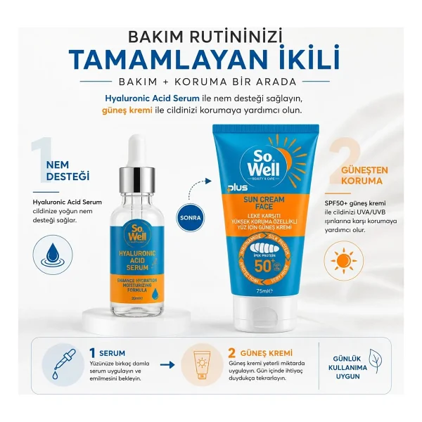 So Well Plus Yüksek Koruma Özellikli Yüz İçin Güneş Kremi Spf 50+ & Hyaluronik Acid Serum Hediye Seti 75 Ml Krem + Serum - Görsel 5