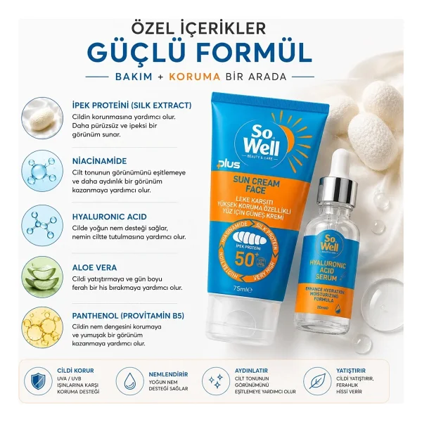 So Well Plus Yüksek Koruma Özellikli Yüz İçin Güneş Kremi Spf 50+ & Hyaluronik Acid Serum Hediye Seti 75 Ml Krem + Serum - Görsel 6