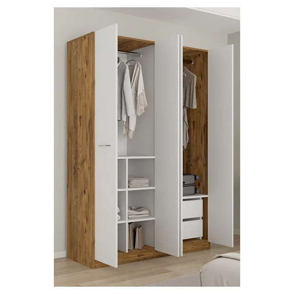 Aeka Ae-3191 Burç Atlantik Çam/Beyaz Aynalı 4 Kapaklı Çok Bölmeli Askılı Raflı Ve Çekmeceli 210x140x53cm Gardırop - Atlantik Çam - Beyaz - Görsel 2