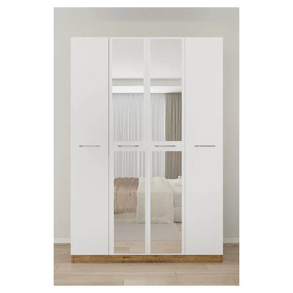 Aeka Ae-3191 Burç Atlantik Çam/Beyaz Aynalı 4 Kapaklı Çok Bölmeli Askılı Raflı Ve Çekmeceli 210x140x53cm Gardırop - Atlantik Çam - Beyaz - Görsel 3