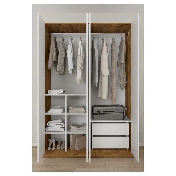 Aeka Ae-3191 Burç Atlantik Çam/Beyaz Aynalı 4 Kapaklı Çok Bölmeli Askılı Raflı Ve Çekmeceli 210x140x53cm Gardırop - Atlantik Çam - Beyaz - Görsel 4