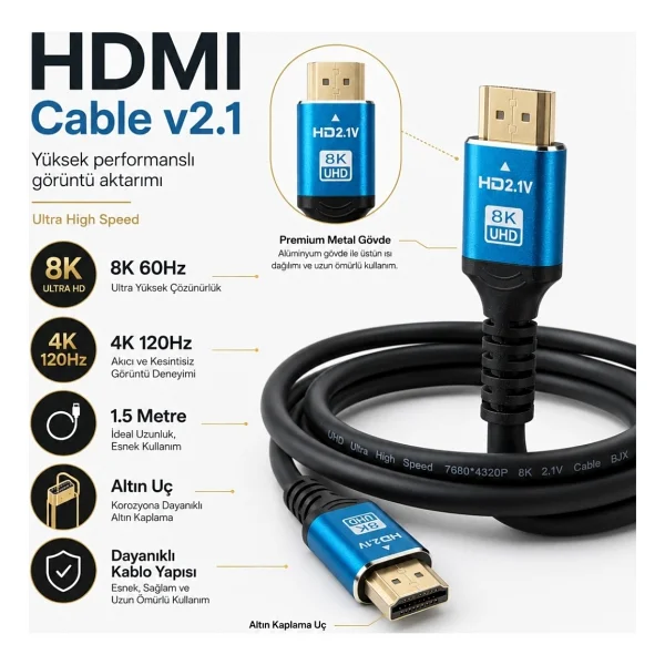 Alfais 6060 8K Ultra HD 2.1v 48gbps Hdmı Kablo 1.5 Metre Altın Kaplama LED TV - Görsel 6