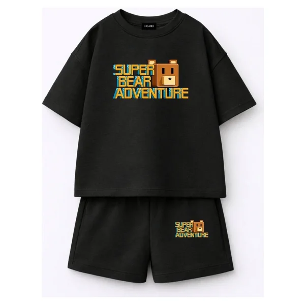 Fasardi Super Bear Adventure Süper Ayı Baskılı Oversize %100 Pamuk Tişört Şort 2li Çocuk Takım - 8 - 9 Yaş - Sarı - Görsel 4
