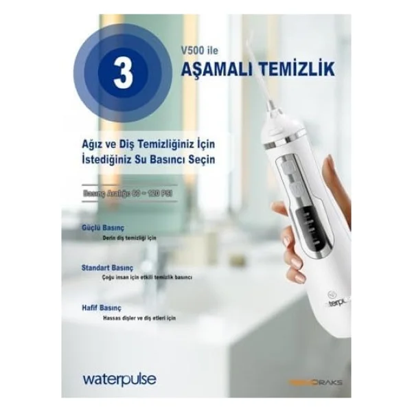 Waterpulse Npo Wp-V500 Water Flosser Taşınabilir, Şarjlı, Masajlı, Diş Protez Bakım Ve Ağız Duşu Beyaz - 1bw-Beyaz - Görsel 3