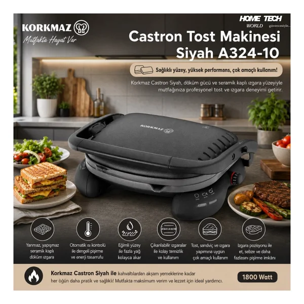 Korkmaz Castron A324-10 Siyah 1800 W Tost Makinesi - Görsel 4