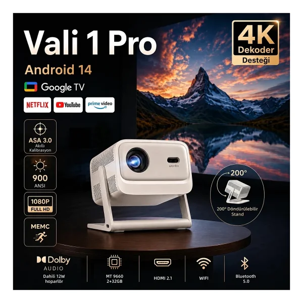 Wanbo Vali 1 900 Lümen Full HD Android Projeksiyon Cihazı - Görsel 8