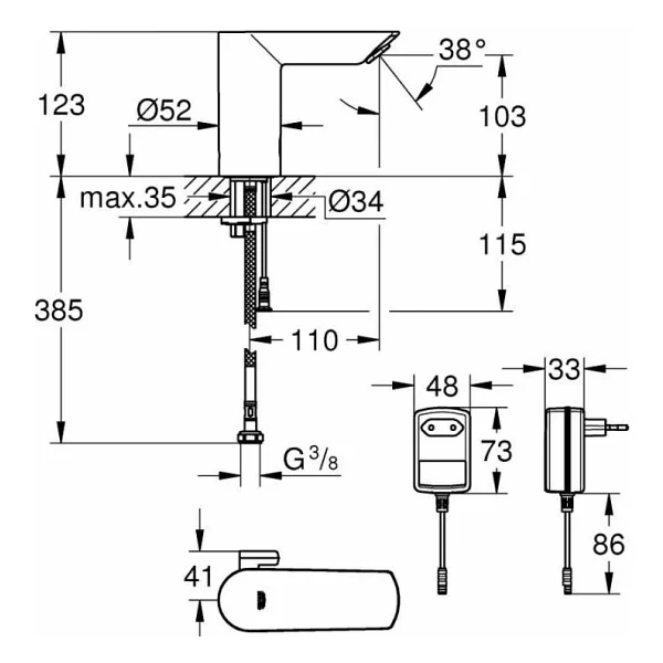 Grohe Bau Cosmopolitan E 36453000 Çift Su Girişli Elektrikli Fotoselli Lavabo Bataryası - Görsel 2