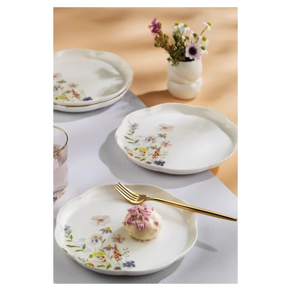 Kütahya Porselen Bone Velora 4 Parça 20 Cm Pasta Tabağı Çiçekli - Görsel 5