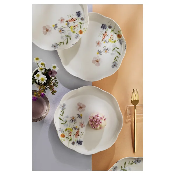 Kütahya Porselen Bone Velora 4 Parça 20 Cm Pasta Tabağı Çiçekli - Görsel 2