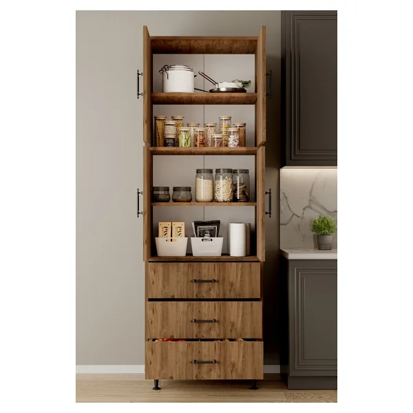 Aeka Ae-3020 Irmak Atlantik Çam/Atlantik Çam 4 Kapaklı Çok Amaçlı Dolap 3 Çekmeceli Raflı Mutfak Kiler Banyo 195x63x35 Çok Amaçlı Dolap - Görsel 3