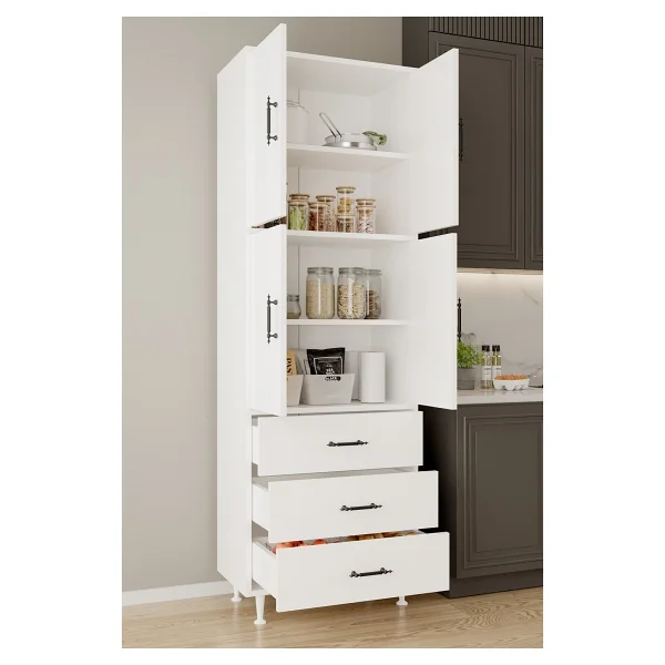Aeka Ae-3020 Irmak Beyaz/Beyaz 4 Kapaklı Çok Amaçlı Dolap 3 Çekmeceli Raflı Mutfak Kiler Banyo 195x63x35 Çok Amaçlı Dolap - Görsel 9