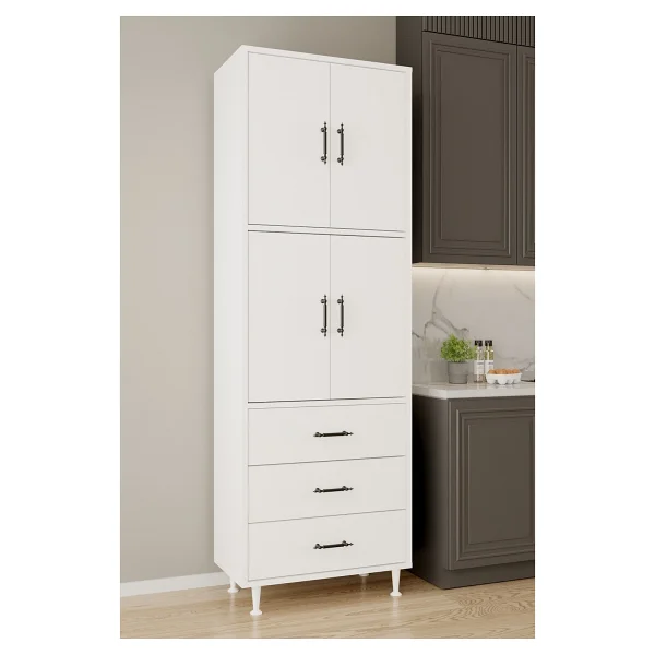 Aeka Ae-3020 Irmak Beyaz/Beyaz 4 Kapaklı Çok Amaçlı Dolap 3 Çekmeceli Raflı Mutfak Kiler Banyo 195x63x35 Çok Amaçlı Dolap - Görsel 2