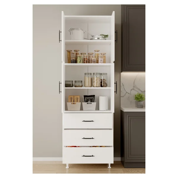 Aeka Ae-3020 Irmak Beyaz/Beyaz 4 Kapaklı Çok Amaçlı Dolap 3 Çekmeceli Raflı Mutfak Kiler Banyo 195x63x35 Çok Amaçlı Dolap - Görsel 3