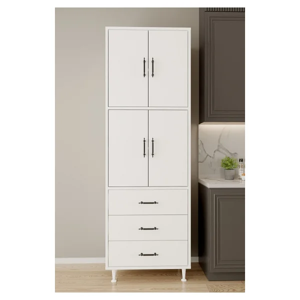 Aeka Ae-3020 Irmak Beyaz/Beyaz 4 Kapaklı Çok Amaçlı Dolap 3 Çekmeceli Raflı Mutfak Kiler Banyo 195x63x35 Çok Amaçlı Dolap - Görsel 4