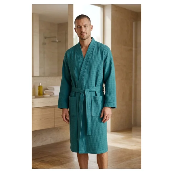 Coton Delux Erkek %100 Pamuk Pike Bornoz Spa Ve Banyo Bornozu Hafif & Yüksek Emicilik - Mavi - Görsel 6
