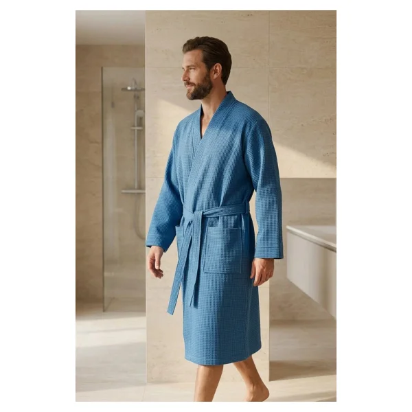 Coton Delux Erkek %100 Pamuk Pike Bornoz Spa Ve Banyo Bornozu Hafif & Yüksek Emicilik - Mavi - Görsel 4