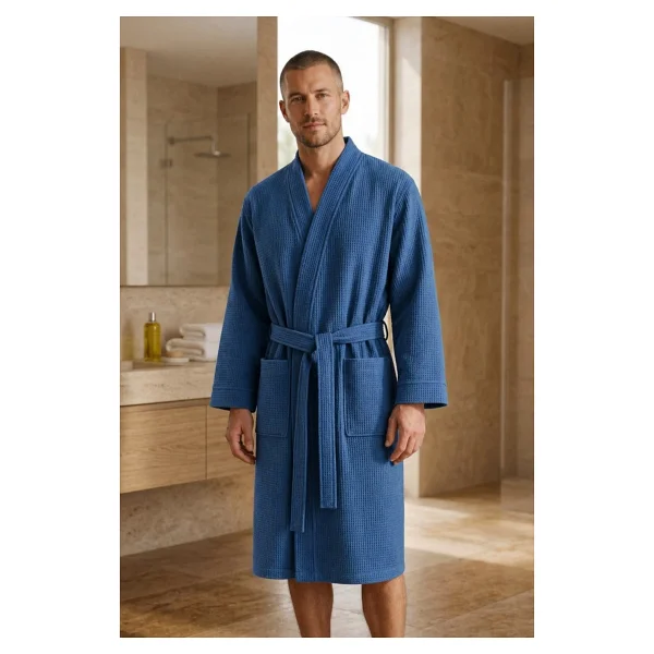 Coton Delux Erkek %100 Pamuk Pike Bornoz Spa Ve Banyo Bornozu Hafif & Yüksek Emicilik - Mavi - Görsel 9