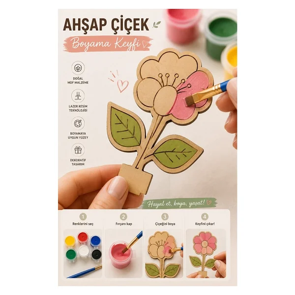 Artlantis Ahşap Boyama Çiçekler 1 Adet 10x15cm Boyama Figürü Etkinlik Çocuk Gelişim Motor Beceri Anasınıfı Kreş - Sarı - Görsel 2