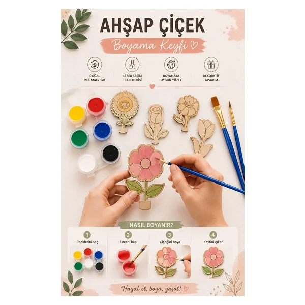 Artlantis Ahşap Boyama Çiçekler 1 Adet 10x15cm Boyama Figürü Etkinlik Çocuk Gelişim Motor Beceri Anasınıfı Kreş - Sarı - Görsel 3