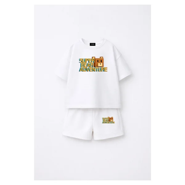 Fasardi Super Bear Adventure Süper Ayı Baskılı Oversize %100 Pamuk Tişört Şort 2li Çocuk Takım - 8 - 9 Yaş - Sarı - Görsel 5
