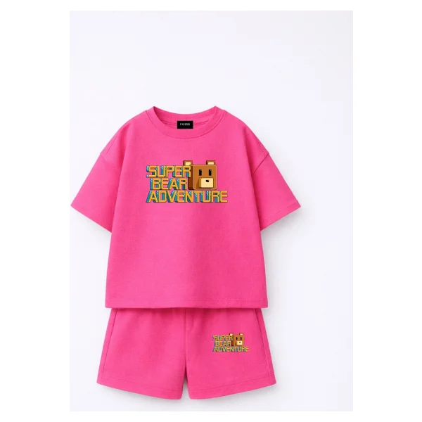 Fasardi Super Bear Adventure Süper Ayı Baskılı Oversize %100 Pamuk Tişört Şort 2li Çocuk Takım - 8 - 9 Yaş - Sarı - Görsel 6