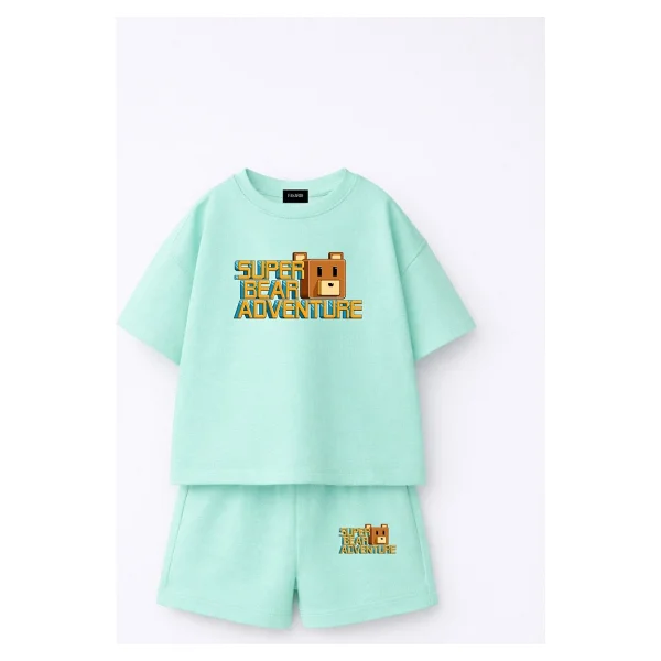 Fasardi Super Bear Adventure Süper Ayı Baskılı Oversize %100 Pamuk Tişört Şort 2li Çocuk Takım - 8 - 9 Yaş - Sarı - Görsel 7