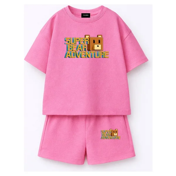 Fasardi Super Bear Adventure Süper Ayı Baskılı Oversize %100 Pamuk Tişört Şort 2li Çocuk Takım - 8 - 9 Yaş - Sarı - Görsel 9