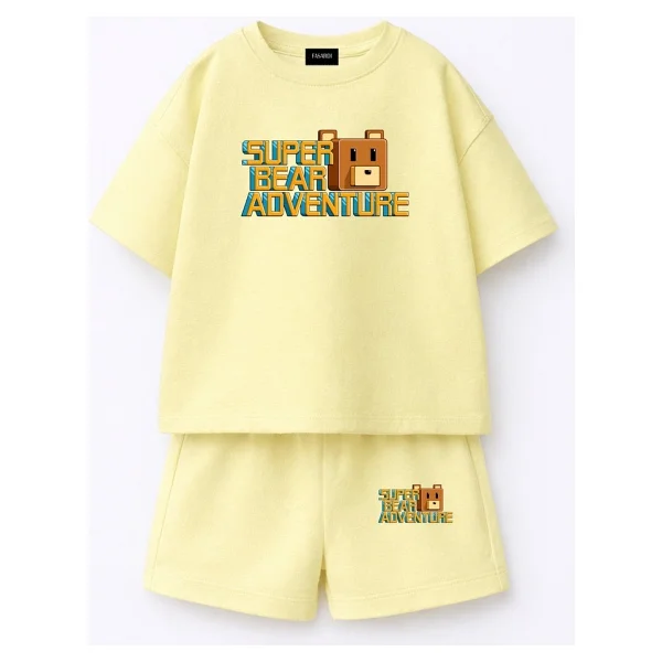 Fasardi Super Bear Adventure Süper Ayı Baskılı Oversize %100 Pamuk Tişört Şort 2li Çocuk Takım - 8 - 9 Yaş - Sarı - Görsel 10