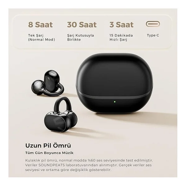 Soundpeats Pop Clip TWS Siyah Open Ear Bluetooth Kulaklık - Görsel 4