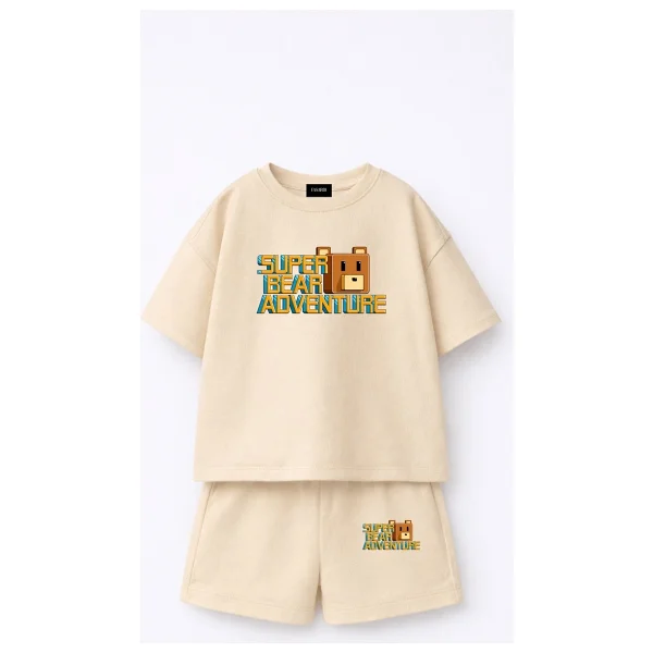 Fasardi Super Bear Adventure Süper Ayı Baskılı Oversize %100 Pamuk Tişört Şort 2li Çocuk Takım - 8 - 9 Yaş - Sarı - Görsel 8