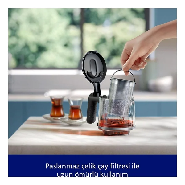Philips 5000 Serisi Çay Makinesi, 1.8 L Paslanmaz Çelik Su Isıtıcı, 0.9 L Cam Demlik, 1900w Hızlı Isıtma, Otomatik Sıcak Tutma Özellikli Elektrikli Çayc - İnox - Siyah - Görsel 4