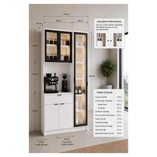 Misterium Dream Premium Kahve Istasyonu - Kahve Köşesi Ve Mutfak Ünitesi - Beyaz Füme Temperli Camlı LED Modül - Görsel 10