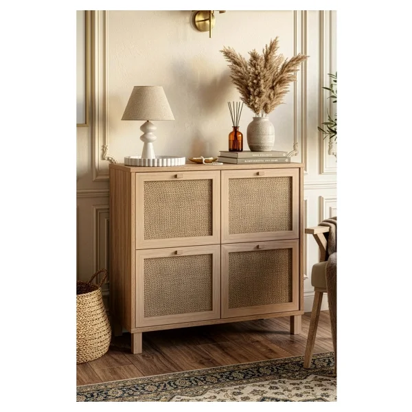 Yurudesign Dune Ayakkabılık Çok Amaçlı Dolap Ahşap Ayaklı Ahşap Jüt Kapaklı Sepet-Jüt Dn4-Sj - Kahverengi - Görsel 2