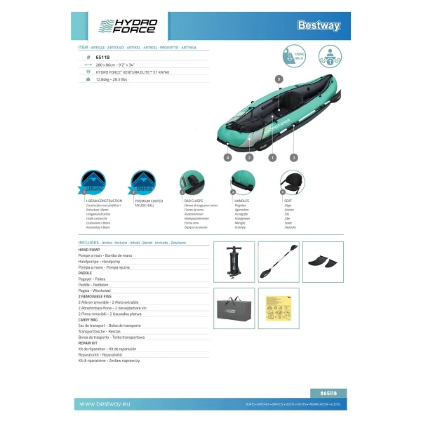 Hydro Force 65118 Ventura 280 Cm Tek Kişilik Şişme Kano - Görsel 2