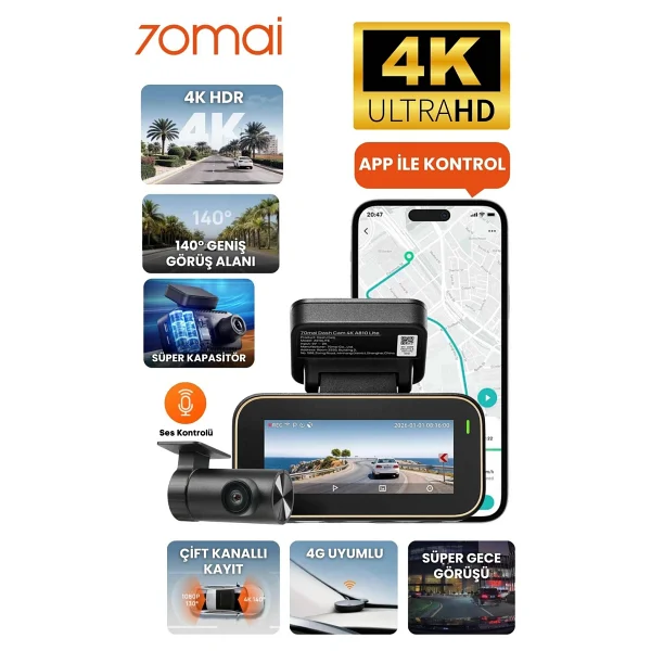 70mai A810 Lite + Rc21 Ön Ve Arka Araç Kamerası Seti - Görsel 10