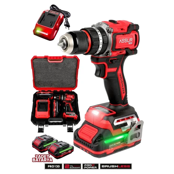 Assur 21v Pro Seri Kömürsüz Çift Akülü Metal Şanzıman LED Işıklı Taşıma Çantalı Şarjlı Darbeli Matkap - Görsel 5