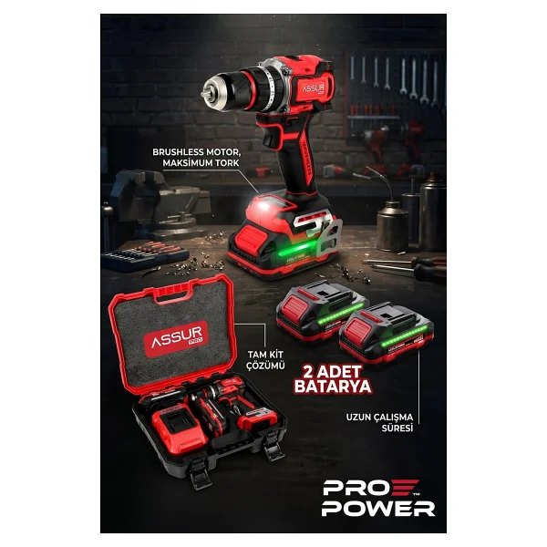 Assur 21v Pro Seri Kömürsüz Çift Akülü Metal Şanzıman LED Işıklı Taşıma Çantalı Şarjlı Darbeli Matkap - Görsel 2