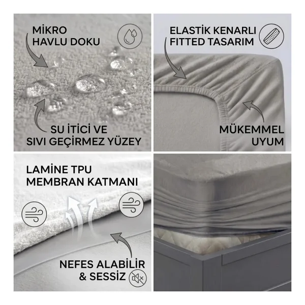 Formeya Pamukkale Gri Alez Mikro Fitted Sıvı Geçirmez Yatak Koruyucu Alez - Görsel 2