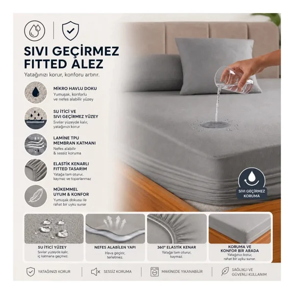 Formeya Pamukkale Gri Alez Mikro Fitted Sıvı Geçirmez Yatak Koruyucu Alez - Görsel 3