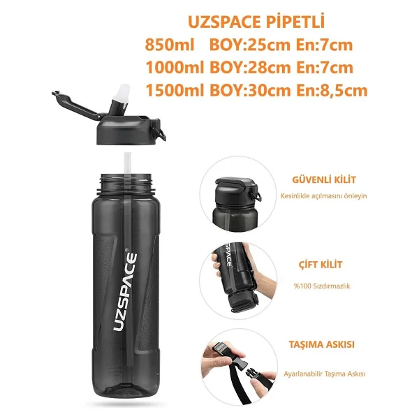 Uzspace 6058 Siyah 1500 Ml Tritan Pipetli Matara - Görsel 5