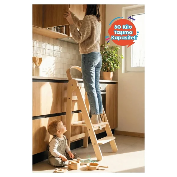 Mamatoyz Fold Natural Katlanır Öğrenme Kulesi - Katlanabilir Mutfak Yardımcısı - Portatif Öğrenme Kulesi Natural Ahşap Rengi - Görsel 2
